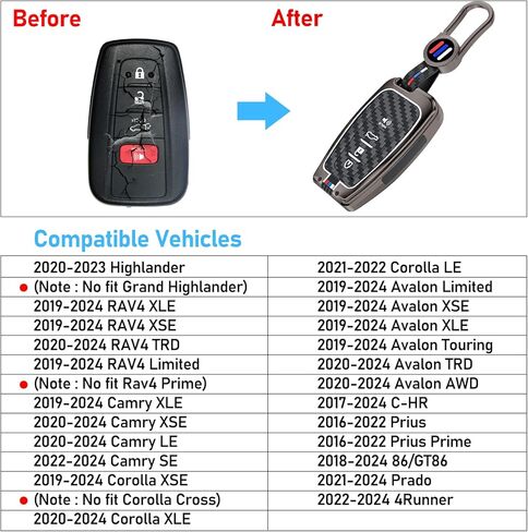 Yumzeco Compatible with Toyota Key Fob Cover,Key Case for 2020-2023 Highlander 2020-2024 RAV4 Camry 2019-2022 Avalon Corolla 2016-2022 Prius,Metal Shell Carbon Fiber Pattern Full Protection 4 Buttons in Kuwait