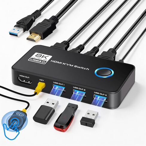 محول 8K@60 هرتز HDMI 2.1 KVM لشاشة واحدة و2 جهاز كمبيوتر، مع 3 منافذ USB 3.0 لمشاركة الشاشة ولوحة المفاتيح والماوس ومحركات الأقراص الصلبة والطابعة - يتضمن كابلين HDMI وUSB ووحدة تحكم in Saudi Arabia
