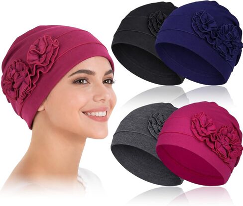 4 قطع من أغطية الرأس القطنية الأنيقة للعلاج الكيميائي للنساء، قبعات كيميائية ناعمة لتساقط الشعر in Kuwait