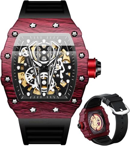 Men's Automatic Watches Square Skeleton Mechanical Self Winding Fashion Dress Silicone Band Male Wrist Watch Waterproof Luminous in Saudi Arabia