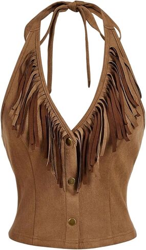 MakeMeChic Women's Suede Fringe Halter Crop Tops Tie Backless Button Down Western Cowgirl Top in Saudi Arabia