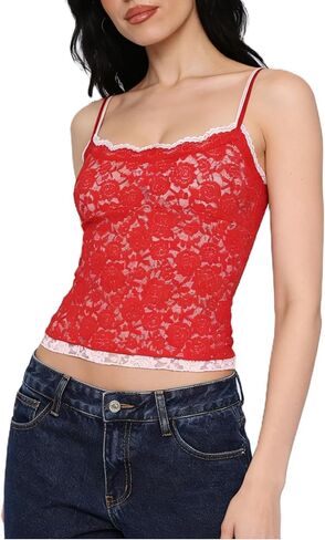 Women Lace Trim Camisole Square Neck Layered Lace Bralette Cute Going Out Spaghetti Strap Cami Y2k Tank Corset Top in Kuwait