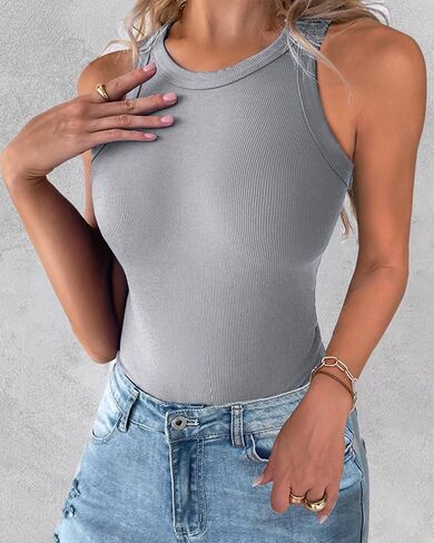 Womens High Neck Ribbed Racerback Tank Tops Sleeveless Slim Fitted Workout Shirts Stretchy Casual Athletic Basic Tops in Saudi Arabia