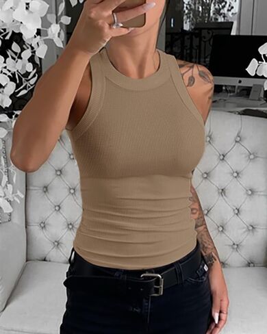 Womens High Neck Ribbed Racerback Tank Tops Sleeveless Slim Fitted Workout Shirts Stretchy Casual Athletic Basic Tops in Saudi Arabia