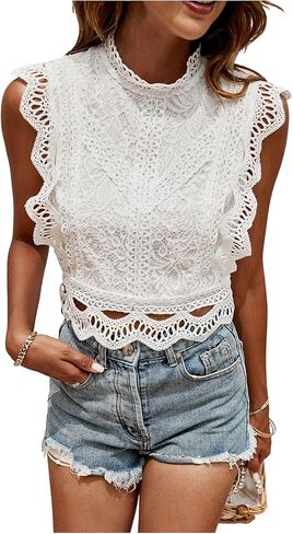 GORGLITTER Women's Eyelet Blouses Open Back Crochet Tank Tops Sleeveless Lace Trim Ruffle Crop Tops Summer Vacation 2025 in Saudi Arabia