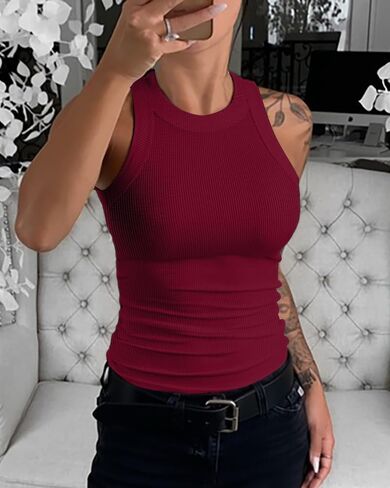 Womens High Neck Ribbed Racerback Tank Tops Sleeveless Slim Fitted Workout Shirts Stretchy Casual Athletic Basic Tops in Saudi Arabia