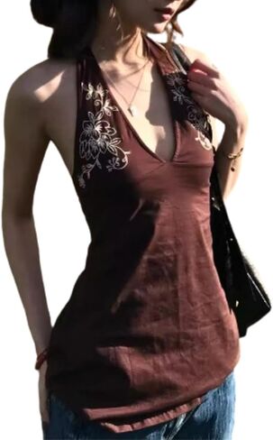 Whimsical Y2k Halter Tops for Women Emo Grunge Tank Top Floral Western Mcbling Tops 90s Clothes 2000s Clothing in Saudi Arabia