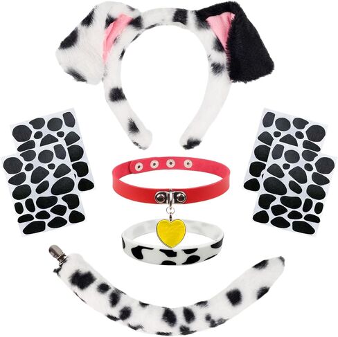 مجموعة أزياء الكلاب الدلماسية مكونة من 5 قطع، أزياء تنكرية للكلاب الدلماسية للبالغين، عصابة رأس على شكل أذن الكلب، ملصقات سوار على شكل ذيل، فستان فاخر لحفلات الهالوين الكرنفالية، 101 يوم من اللباس المدرسي in Kuwait