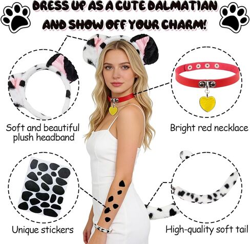 مجموعة أزياء الكلاب الدلماسية مكونة من 5 قطع، أزياء تنكرية للكلاب الدلماسية للبالغين، عصابة رأس على شكل أذن الكلب، ملصقات سوار على شكل ذيل، فستان فاخر لحفلات الهالوين الكرنفالية، 101 يوم من اللباس المدرسي in Kuwait