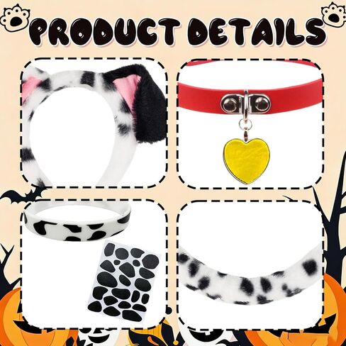 مجموعة أزياء الكلاب الدلماسية مكونة من 5 قطع، أزياء تنكرية للكلاب الدلماسية للبالغين، عصابة رأس على شكل أذن الكلب، ملصقات سوار على شكل ذيل، فستان فاخر لحفلات الهالوين الكرنفالية، 101 يوم من اللباس المدرسي in Kuwait