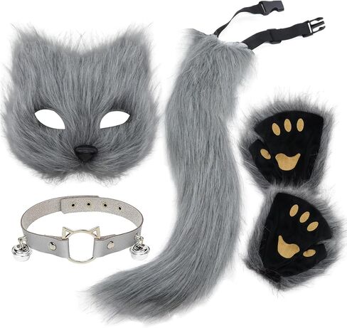 زي فروي طقم قناع وذيل، مجموعة Atiofber Wolf Fox وقفازات أقدام الثعلب أزياء تنكرية للنساء في الهالوين in Saudi Arabia