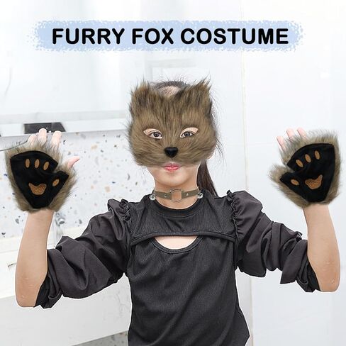 زي فروي طقم قناع وذيل، مجموعة Atiofber Wolf Fox وقفازات أقدام الثعلب أزياء تنكرية للنساء في الهالوين in Kuwait