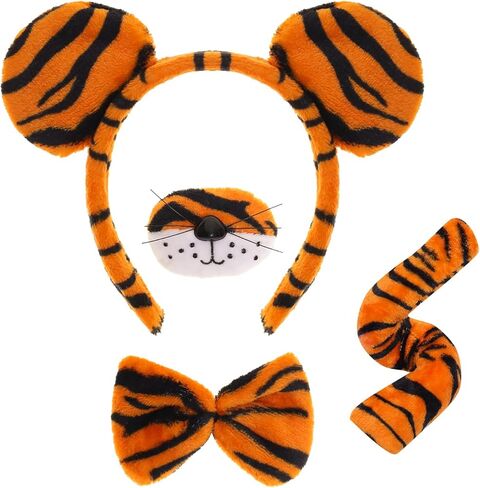 4pcs Tiger Costume with Headband Nose Tail and Bow Tie Animal Tiger Costume Accessories for Adults Halloween and Carnival Party in Kuwait