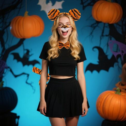 4pcs Tiger Costume with Headband Nose Tail and Bow Tie Animal Tiger Costume Accessories for Adults Halloween and Carnival Party in Kuwait