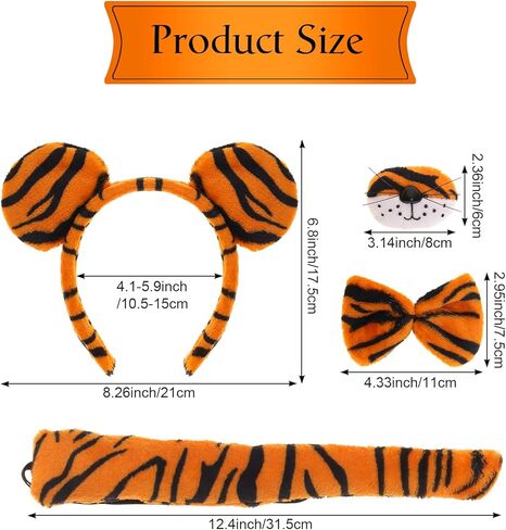 4pcs Tiger Costume with Headband Nose Tail and Bow Tie Animal Tiger Costume Accessories for Adults Halloween and Carnival Party in Kuwait