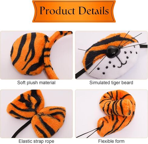 4pcs Tiger Costume with Headband Nose Tail and Bow Tie Animal Tiger Costume Accessories for Adults Halloween and Carnival Party in Kuwait