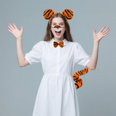 4pcs Tiger Costume with Headband Nose Tail and Bow Tie Animal Tiger Costume Accessories for Adults Halloween and Carnival Party in Kuwait