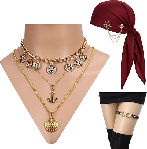 مجموعة إكسسوارات أزياء القرصان النسائية - وشاح رأس القرصان باندانا مع بروش خوذة، وقلادة من 3 طبقات ورباط ساق للهالوين والحفلات التنكرية والملابس in Kuwait