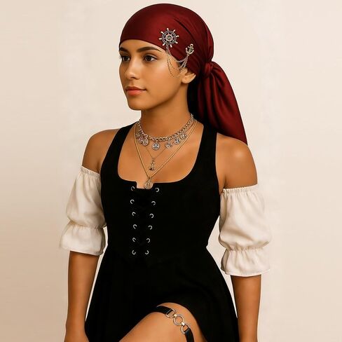 مجموعة إكسسوارات أزياء القرصان النسائية - وشاح رأس القرصان باندانا مع بروش خوذة، وقلادة من 3 طبقات ورباط ساق للهالوين والحفلات التنكرية والملابس in Kuwait