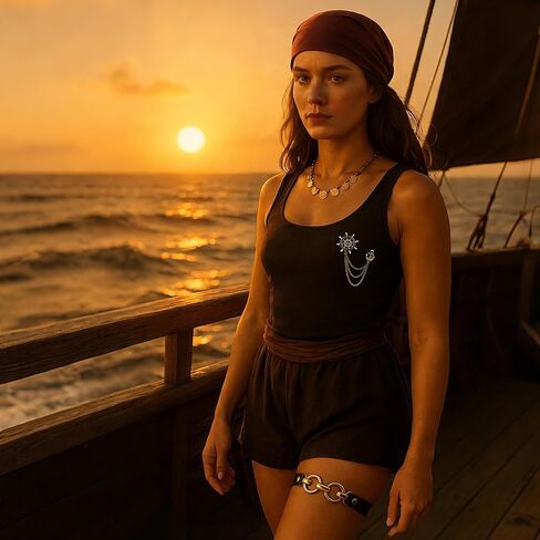 مجموعة إكسسوارات أزياء القرصان النسائية - وشاح رأس القرصان باندانا مع بروش خوذة، وقلادة من 3 طبقات ورباط ساق للهالوين والحفلات التنكرية والملابس in Kuwait