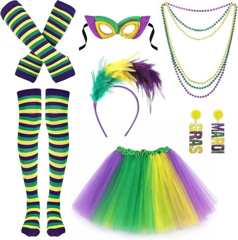 مجموعة إكسسوارات أزياء Mardi Gras النسائية من JATEBI، تنورة ملفوفة 3 خرزات وقلادة وأقراط وقناع من الريش الصناعي وعصابة رأس بدون أصابع وأكمام للذراع وجوارب عالية للفخذ لملابس الحفلات الراقصة in Saudi Arabia
