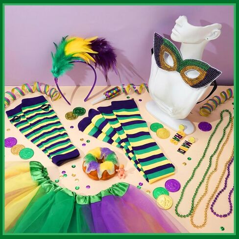 مجموعة إكسسوارات أزياء Mardi Gras النسائية من JATEBI، تنورة ملفوفة 3 خرزات وقلادة وأقراط وقناع من الريش الصناعي وعصابة رأس بدون أصابع وأكمام للذراع وجوارب عالية للفخذ لملابس الحفلات الراقصة in Saudi Arabia