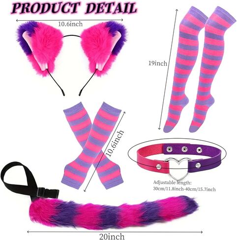 مجموعة أزياء قطة مخططة باللونين الوردي والأرجواني مكونة من 5 قطع تتضمن عصابة رأس للأذنين وذيل فروي وقفازات وجوارب وطوق لحفلات الهالوين التنكرية in Kuwait