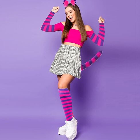 مجموعة أزياء قطة مخططة باللونين الوردي والأرجواني مكونة من 5 قطع تتضمن عصابة رأس للأذنين وذيل فروي وقفازات وجوارب وطوق لحفلات الهالوين التنكرية in Kuwait