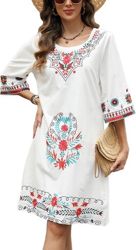 Higustar Mexican Embroidered Dress Summer Cotton Bohemian Flower Peasant Traditional Mexico Fiesta Boho Dresses for Women in Kuwait