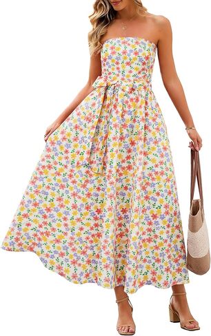 MEROKEETY Women's Summer Floral Maxi Dresses 2026 Strapless Tube Smocked Tie Boho Beach Wedding Guest Flowy Long Sundress in Saudi Arabia