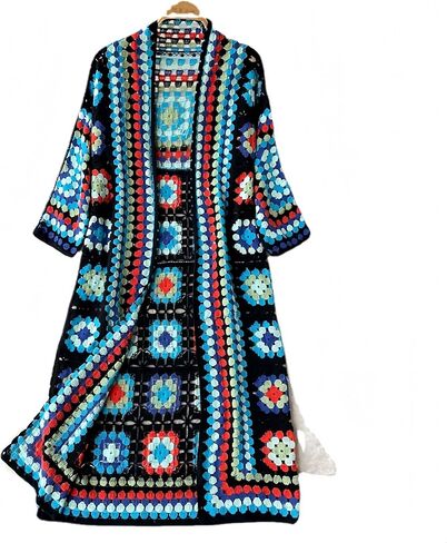 Red and Blue Bohemian Crochet Kimono, Long Lacy Beach Cover Up, Handmade Vintage Resort Cardigan in Saudi Arabia