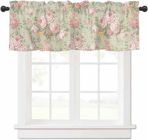 Yukro Valance for Windows Vintage Flower Pink Camellia Floral Sage Green Privacy Rod Pocket Window Treatment Valance Decorative Short Curtain Valance for Kitchen/Living Room/Bedroom 54x18in in Kuwait