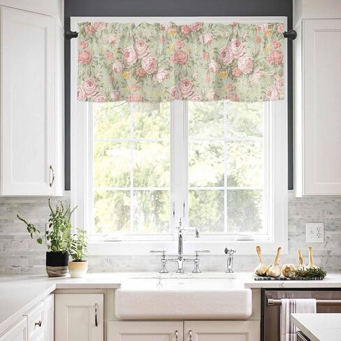 Yukro Valance for Windows Vintage Flower Pink Camellia Floral Sage Green Privacy Rod Pocket Window Treatment Valance Decorative Short Curtain Valance for Kitchen/Living Room/Bedroom 54x18in in Kuwait
