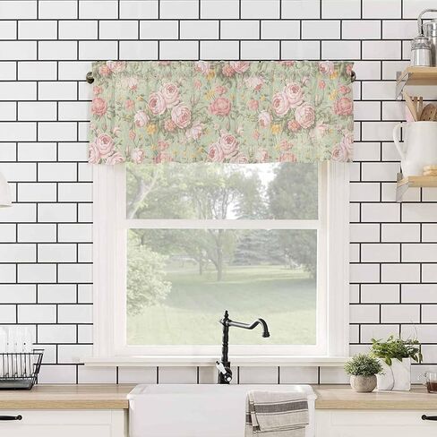Yukro Valance for Windows Vintage Flower Pink Camellia Floral Sage Green Privacy Rod Pocket Window Treatment Valance Decorative Short Curtain Valance for Kitchen/Living Room/Bedroom 54x18in in Kuwait