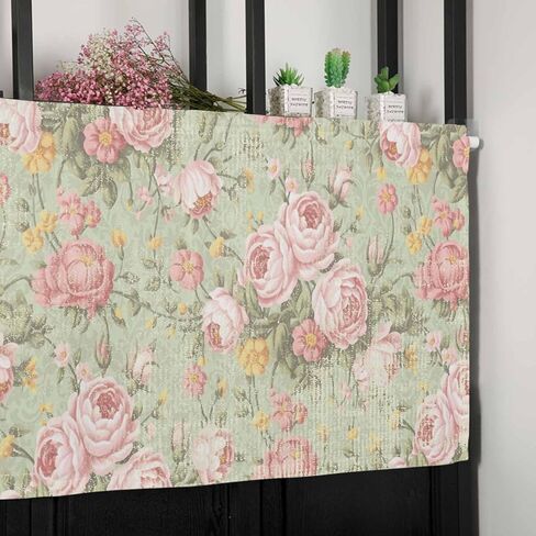 Yukro Valance for Windows Vintage Flower Pink Camellia Floral Sage Green Privacy Rod Pocket Window Treatment Valance Decorative Short Curtain Valance for Kitchen/Living Room/Bedroom 54x18in in Kuwait