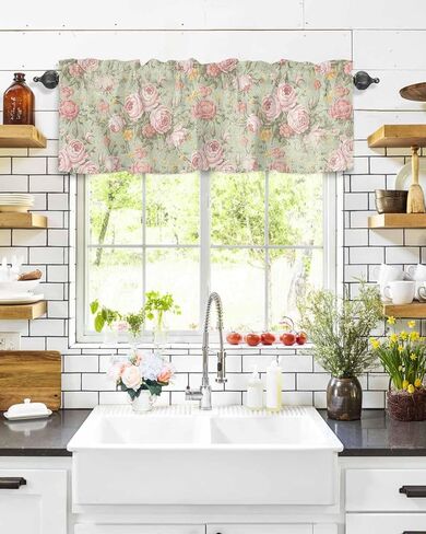 Yukro Valance for Windows Vintage Flower Pink Camellia Floral Sage Green Privacy Rod Pocket Window Treatment Valance Decorative Short Curtain Valance for Kitchen/Living Room/Bedroom 54x18in in Kuwait