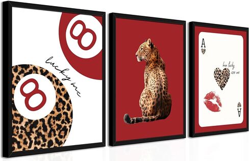 مؤطرة العصرية ليوبارد جدار الفن مجموعة من 3، الأحمر غير تقليدي لوحات ديكور الحائط الفهد Preppy، محظوظ 8 ديكور الغرفة الجمالية يطبع صور للفتيات غرفة نوم شقة النوم 12x16 بوصة الإطار الأسود in Kuwait
