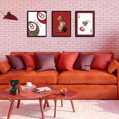 مؤطرة العصرية ليوبارد جدار الفن مجموعة من 3، الأحمر غير تقليدي لوحات ديكور الحائط الفهد Preppy، محظوظ 8 ديكور الغرفة الجمالية يطبع صور للفتيات غرفة نوم شقة النوم 12x16 بوصة الإطار الأسود in Kuwait