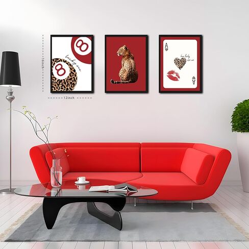 مؤطرة العصرية ليوبارد جدار الفن مجموعة من 3، الأحمر غير تقليدي لوحات ديكور الحائط الفهد Preppy، محظوظ 8 ديكور الغرفة الجمالية يطبع صور للفتيات غرفة نوم شقة النوم 12x16 بوصة الإطار الأسود in Kuwait
