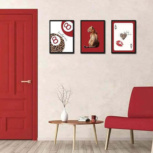 مؤطرة العصرية ليوبارد جدار الفن مجموعة من 3، الأحمر غير تقليدي لوحات ديكور الحائط الفهد Preppy، محظوظ 8 ديكور الغرفة الجمالية يطبع صور للفتيات غرفة نوم شقة النوم 12x16 بوصة الإطار الأسود in Kuwait