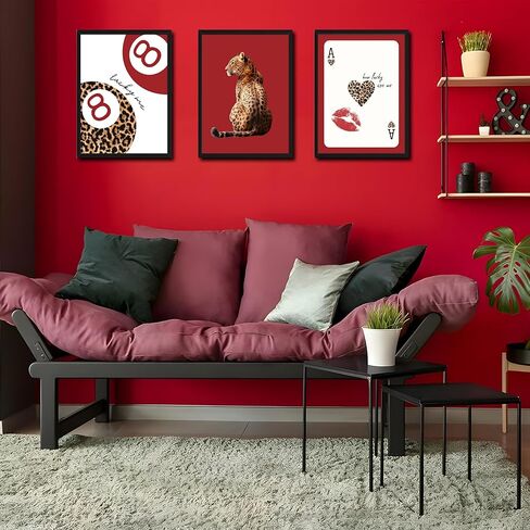 مؤطرة العصرية ليوبارد جدار الفن مجموعة من 3، الأحمر غير تقليدي لوحات ديكور الحائط الفهد Preppy، محظوظ 8 ديكور الغرفة الجمالية يطبع صور للفتيات غرفة نوم شقة النوم 12x16 بوصة الإطار الأسود in Kuwait