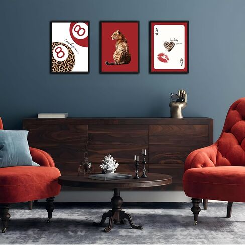 مؤطرة العصرية ليوبارد جدار الفن مجموعة من 3، الأحمر غير تقليدي لوحات ديكور الحائط الفهد Preppy، محظوظ 8 ديكور الغرفة الجمالية يطبع صور للفتيات غرفة نوم شقة النوم 12x16 بوصة الإطار الأسود in Kuwait
