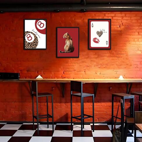 مؤطرة العصرية ليوبارد جدار الفن مجموعة من 3، الأحمر غير تقليدي لوحات ديكور الحائط الفهد Preppy، محظوظ 8 ديكور الغرفة الجمالية يطبع صور للفتيات غرفة نوم شقة النوم 12x16 بوصة الإطار الأسود in Kuwait