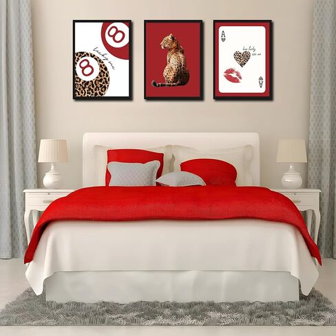 مؤطرة العصرية ليوبارد جدار الفن مجموعة من 3، الأحمر غير تقليدي لوحات ديكور الحائط الفهد Preppy، محظوظ 8 ديكور الغرفة الجمالية يطبع صور للفتيات غرفة نوم شقة النوم 12x16 بوصة الإطار الأسود in Kuwait