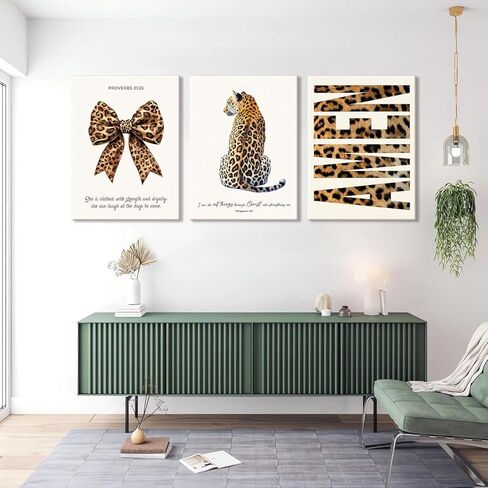 3Pcs Trendy Leopard Canvas Wall Art, Funky Inspirational Bible Quotes Lucky Bow Posters Prints Preppy Room Aesthetic Cheetah Wall Decor Pictures for Bedroom bathroom livingroom office12x16in Framed in Saudi Arabia