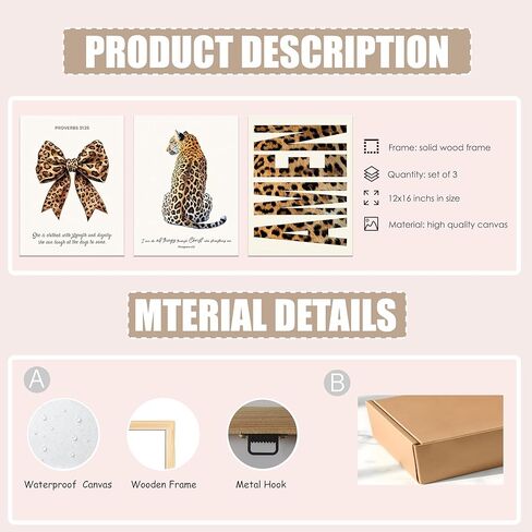 3Pcs Trendy Leopard Canvas Wall Art, Funky Inspirational Bible Quotes Lucky Bow Posters Prints Preppy Room Aesthetic Cheetah Wall Decor Pictures for Bedroom bathroom livingroom office12x16in Framed in Saudi Arabia