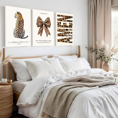 3Pcs Trendy Leopard Canvas Wall Art, Funky Inspirational Bible Quotes Lucky Bow Posters Prints Preppy Room Aesthetic Cheetah Wall Decor Pictures for Bedroom bathroom livingroom office12x16in Framed in Saudi Arabia