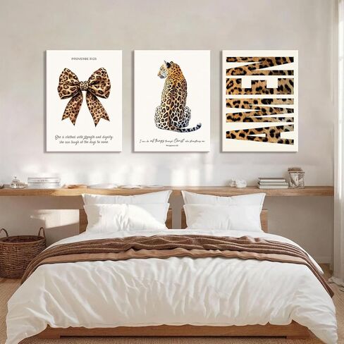 3Pcs Trendy Leopard Canvas Wall Art, Funky Inspirational Bible Quotes Lucky Bow Posters Prints Preppy Room Aesthetic Cheetah Wall Decor Pictures for Bedroom bathroom livingroom office12x16in Framed in Saudi Arabia