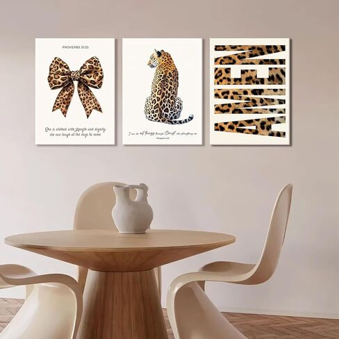 3Pcs Trendy Leopard Canvas Wall Art, Funky Inspirational Bible Quotes Lucky Bow Posters Prints Preppy Room Aesthetic Cheetah Wall Decor Pictures for Bedroom bathroom livingroom office12x16in Framed in Saudi Arabia