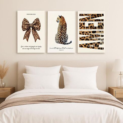 3Pcs Trendy Leopard Canvas Wall Art, Funky Inspirational Bible Quotes Lucky Bow Posters Prints Preppy Room Aesthetic Cheetah Wall Decor Pictures for Bedroom bathroom livingroom office12x16in Framed in Saudi Arabia